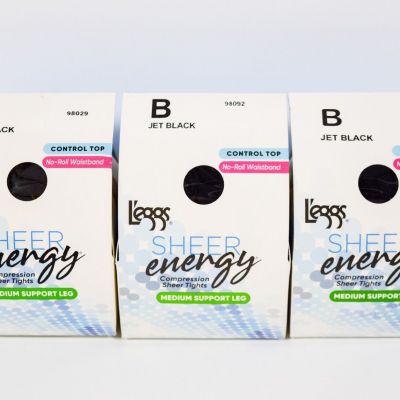 3 L'eggs Sheer Energy Control Top No-Roll Medium Tights JET BLACK/OFF BLACK Sz B